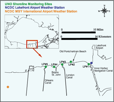 Map showing the UNO water quality monitoring stations along the southern shore of Lake Pontchartrain.