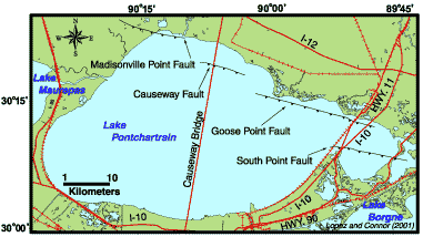 Fault map depicting the Baton Rouge-Denham Springs (BR-DS) Fault System in Lake Pontchartrain.