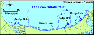 Bathymetric contour map of the south shore of Lake Pontchartrain.