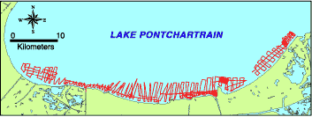 Bathymetric trackline map of the south shore of Lake Pontchartrain.