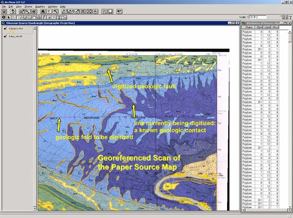 Image showing digitizing of a geologic map in ArcView 3.3 using a georeferenced scan of the source paper geologic map