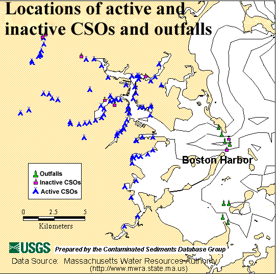 Locations of active and inactive CSO's and outfalls