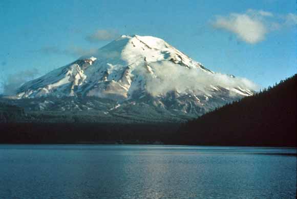 Photo of the volcano taken before the 1980 eruption.  This photo shows the full pre-1980 height of the mountain