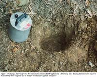 Figure 7.  Photograph of a Guralp CMG-40T seismometer at station BH0 being buried in a 1-foot-deep hole.  Burying the seismometer improves the sensitivity of the equipment and its ability to record small-magnitude earthquakes.