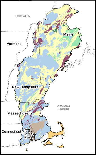 Map showing Near-Surface Bedrock in the New England Coastal Basins