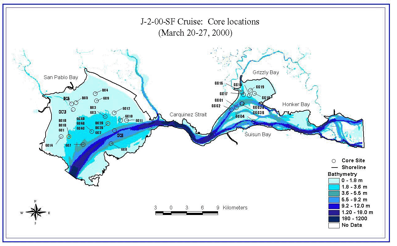 Bathymetry map of the study area indication coring locations for the J-2-00 coring cruise.