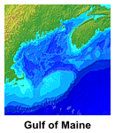 Gulf of Maine location image showing color encoded shaded bathymetry and elevation