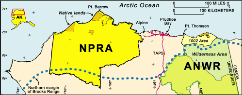 Map of Northern Alaska showing the locations of the National Petroleum Reserve Alaska (NPRA), the Arctic National Wildlife Refuge (ANWR), and the1002 Area of the Arctic National Wildlife Refuge