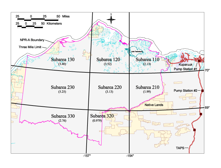 Map showing the partitioning of the Federal part of the National Petroleum Reserve Alaska study area into economic sub-areas