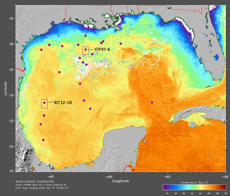 Distribution of Gulf of Mexico core-top samples (bullets) and location of piston cores (rectangles) used in this study displayed on January 2000 sea-surface temperature (SST) map