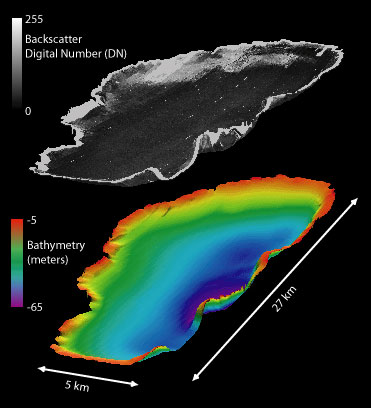 Three dimensional image showing sidescan-sonar and bathymetric images of Bear Lake, Utah-Idaho