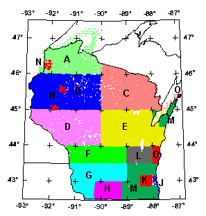 Image showing gravity surveys in Wisconsin - Letters keyed to table below - Click on image to see more detail