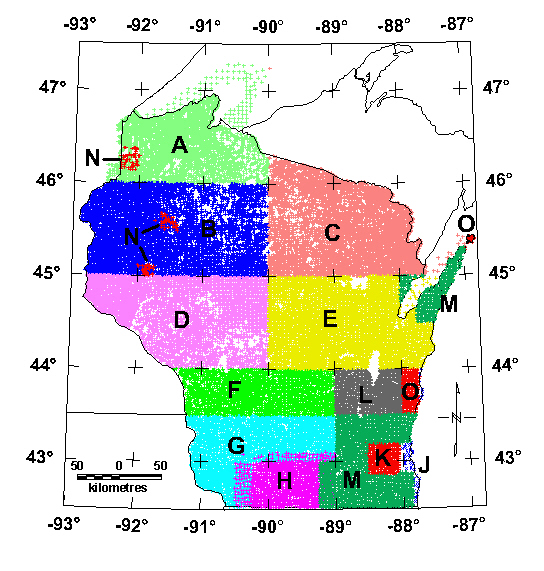 Image showing gravity surveys in Wisconsin - Letters keyed to table below