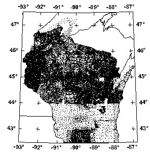 Distribution of gravity data in Wisconsin prior to 1999 - Click on image to view in greater detail