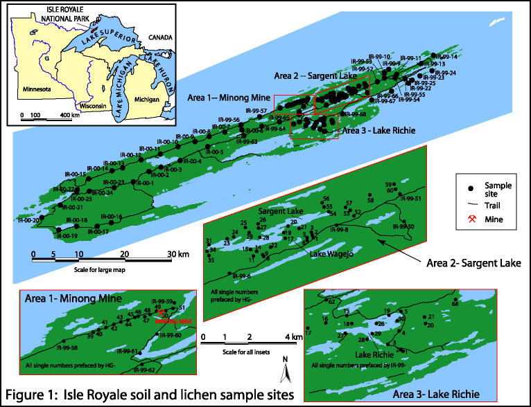 Bitmap showing location of study area and soil and lichen samples.