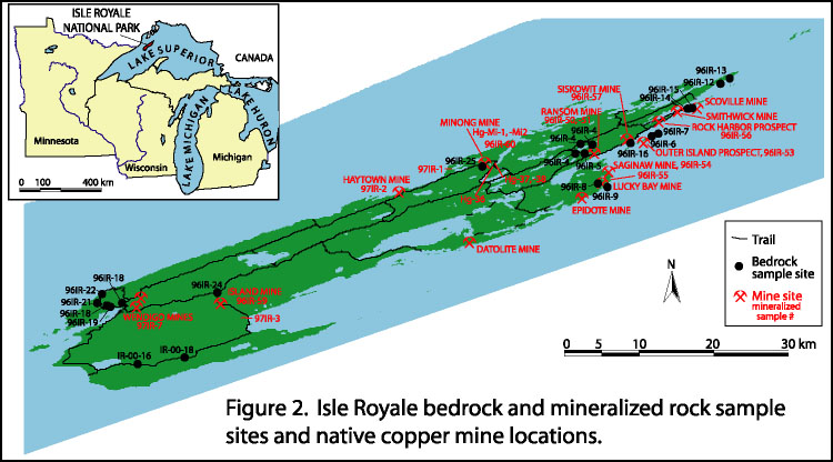 Bitmap showing location of study area and bedrock and mineralized rock samples.