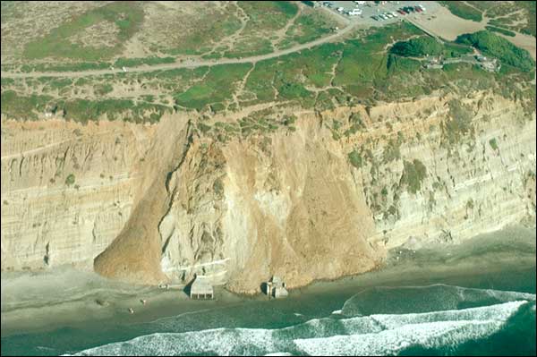 Elevated water levels and high waves caused by El Niño cause active landslides and rapid land loss along steep bluffs of the Pacific coast.