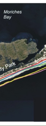 Figure 14E. Historic shoreline positions from 1830,1870,1962, 1979,1983, and 2001 at  Smith Point County Park.