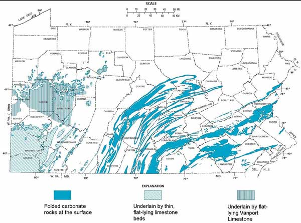 Map showing carbonate rocks in Pennsylvania