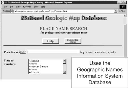 The first page of the Geoscience Map Catalog’s Place Name Search. For a more complete explanation, contact Dave Soller at dsoller@usgs.gov.
