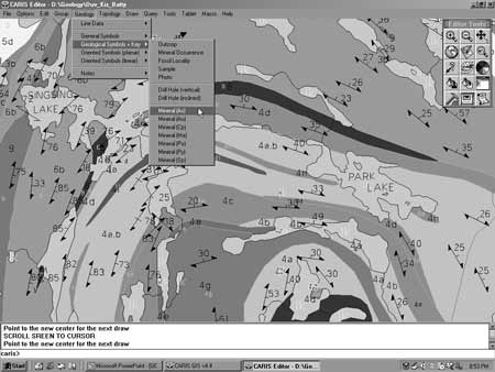 Example of a GEMM geological map displaying the GEMM 4 menu bar and Geology menu tree.