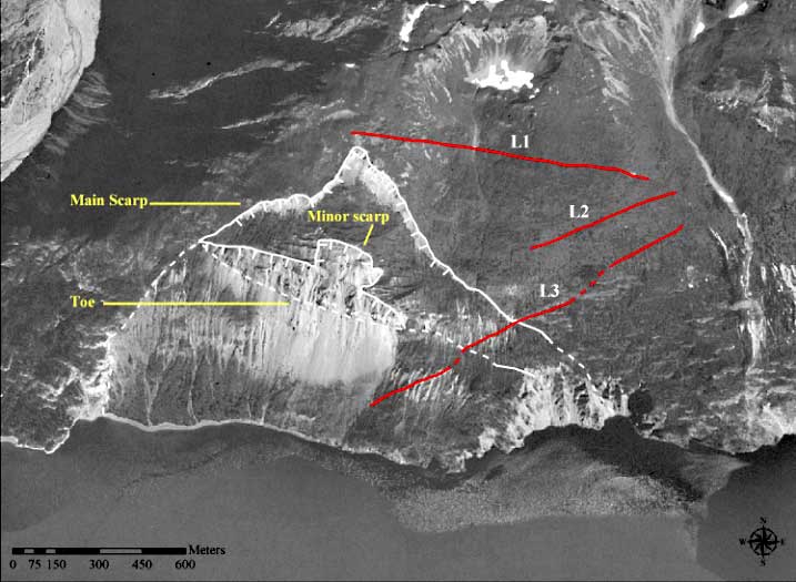 Figure 6.-- Vertical aerial photograph (1996) showing approximate boundaries of the Tidal Inlet landslide
