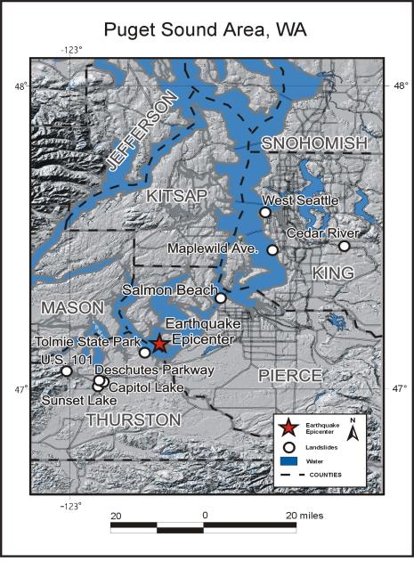 Map of locations of significant landslides in Puget Sound area, WA.