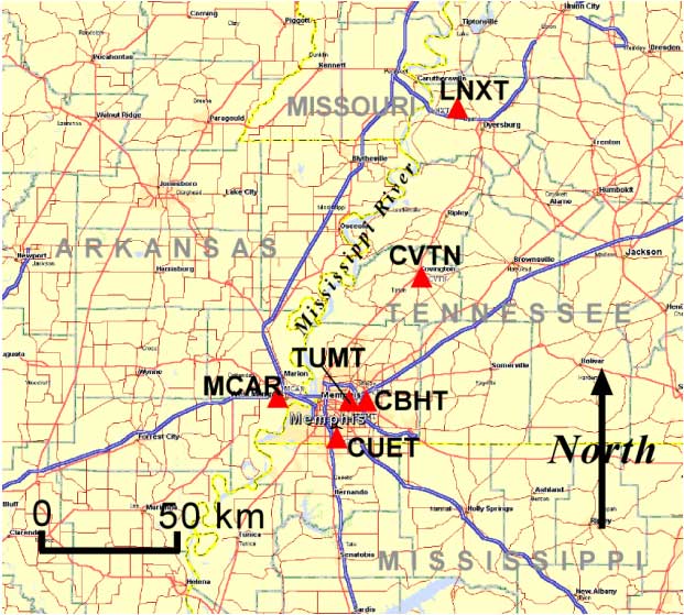 Map of a portion of the central United States near Memphis, Tennessee