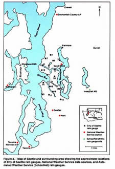 Figure 3. Map of seattle and area showing locations of City rain gauges, etc.
