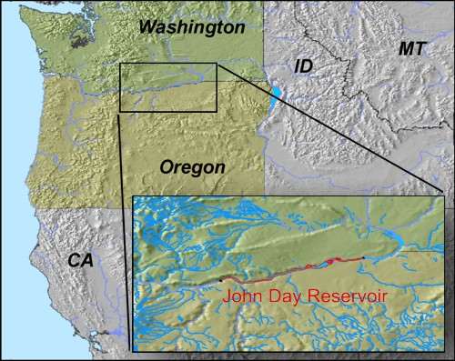 Map of John Day Reservoir.