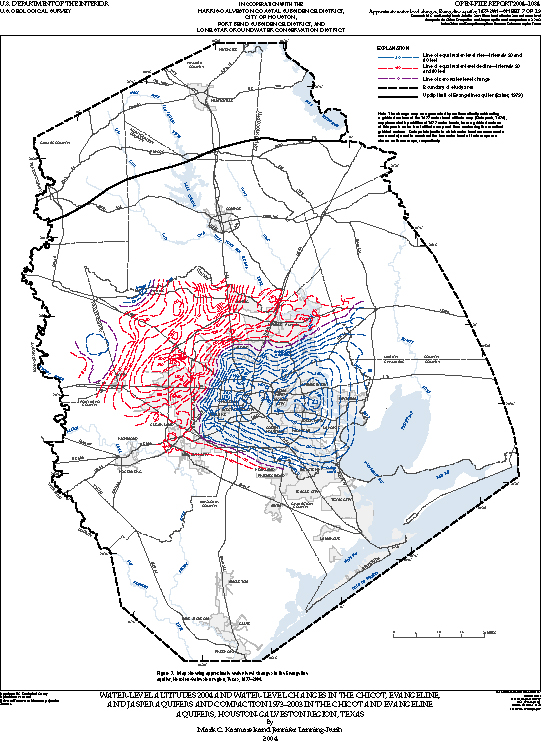 Figure 7. Map showing approximate water-level changes in the Evangeline aquifer, Houston-Galveston region, Texas, 1977–2004.