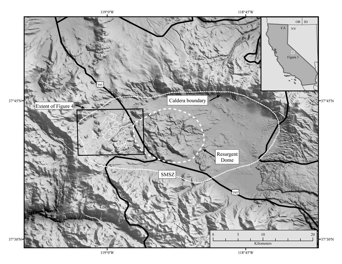 Figure 1 - Shaded relief image of the Long Valley Caldera, California