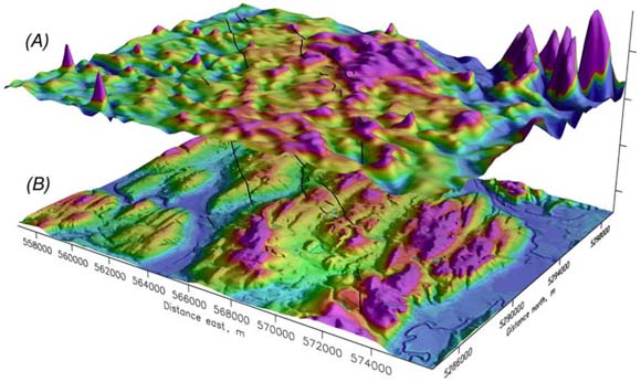 Cover figure showing a three-dimensional view of the residual magnetic anomaly over a digital terrain model.  It also shows the location of lidar scarps and lineaments identified in this report.