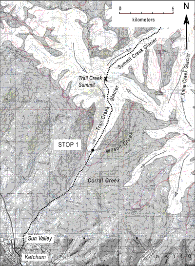 thumbnail image of Location of Stop 1, 8 mi northeast of Ketchum. (fig. 1)