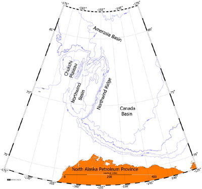 Map of Amerasia Basin of the Arctic Ocean adjacent to Alaska, showing physiographic features including Northwind Ridge and Northwind Basin. - Thumbnail