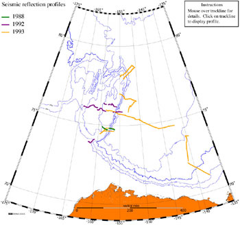 Tracklines of seismic reflection profiles acquired over the Canada Basin, Northwind Ridge, and Northwind Basin during late summer of 1988, 1992 and1993. - Thumbnail