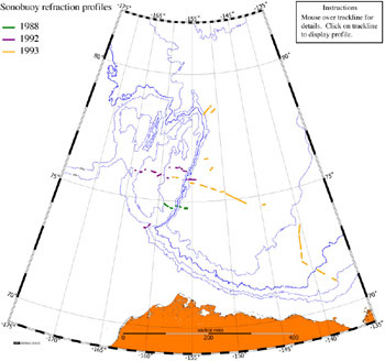 Tracklines of sonobuoy refraction profiles acquired over the Canada Basin, Northwind Ridge, and Northwind Basin during late summer of 1988, 1992 and1993. - Thumbnail