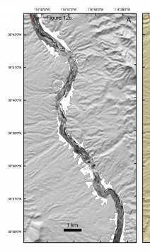Sidescan sonar mosaics (A and C) and interpretations (B and D) of the surficial geology of the northern central part of Lake Mohave.