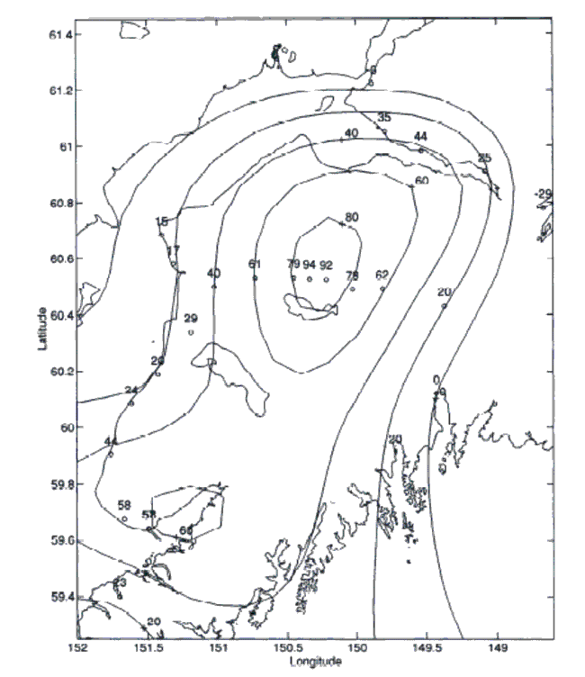 Figure 4. Regional cumulative post-seismic uplift from GPS measurements and tide gauges as determined by Cohen and Freymueller: 1964-1995.