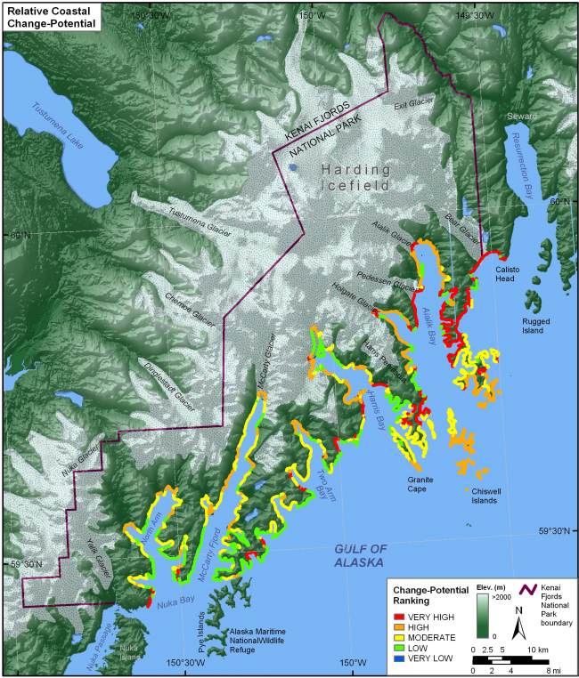 Figure 13. Relative coastal change-potential for Kenai Fjords National Park.