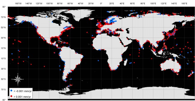 Figure 1. Global distribution of water-level recording stations as reported by the Permanent Service for Mean Sea Level (PSMSL, 2005). 