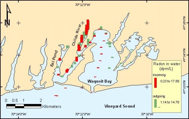 Figure 3. Map of radon activities in the vicinity of Waquoit Bay, Cape Cod, Massachusetts generated during a one-day survey. 