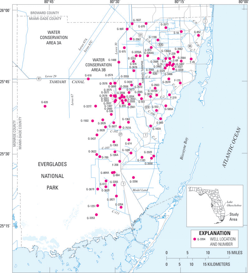 Map showing location of continuous ground-water level monitoring network wells in Miami-Dade County, Florida.