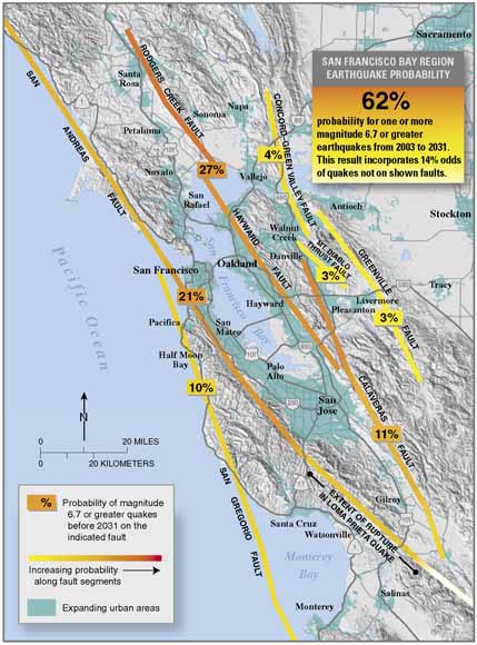 map of Bay Area showing faults and probabilities f magnitude 6.7 or greater quakes before 2031