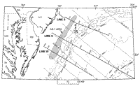 Figure 1. The Baltimore Canyon Trough is between the Carolina Trough to the south and Georges Bank Basin to the northeast.  Bathymetry is denoted by dotted lines.