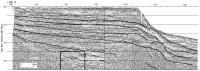 Figure 2B. Line 6, Interpreted, amplitude-modulated display of wavelet-processed multichannel reflection data. 