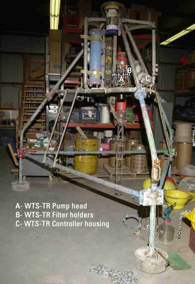 Figure 9. The WTS-Tr sediment sampling system (pump head and controller) mounted within an ocean bottom-resting tripod typically used for Massachusetts Bay deployments.