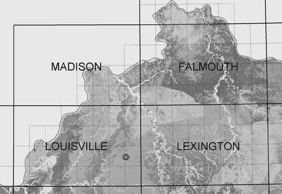 A part of central Kentucky showing geology of four 1:100,000-scale published maps, each covering an area of 30 x 60 minutes. These maps were compiled from digital 1:24,000-scale geologic quadrangle data (up to 32 of these 1:24,000-scale quadrangles occur in each map; their outlines are shown by the thin black lines). For a more detailed explanation. contact Warren Anderson at wanderson@uky.edu.