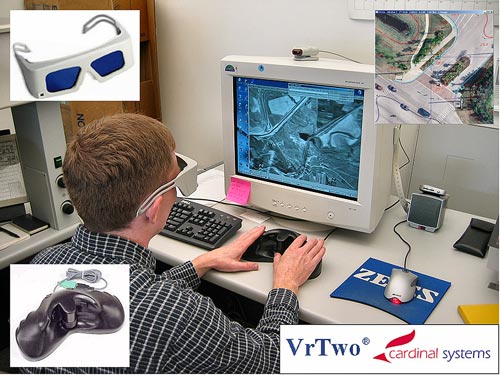 Digital or “soft copy” photogrammetry workstation using VrTwo software, showing stereo glasses and “3-D mouse”. For a more detailed explanation, contact Kent Brown at kentbrown@utah.gov.