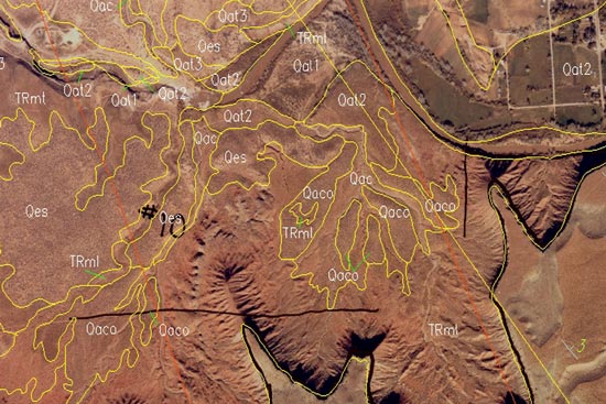 Screenshot showing geologic features digitized on the 3-D photographic surface in VrTwo software. This image is a simulation since true 3-D using VrTwo is not possible in this document. For a more detailed explanation, contact Kent Brown at kentbrown@utah.gov.
